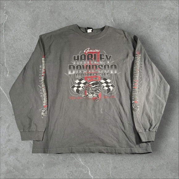 Harley-Davidson Other - Vintage Harley Davidson Shirt Mens 2XL Grey LS Skull Flames Checkered Tribal Emo
